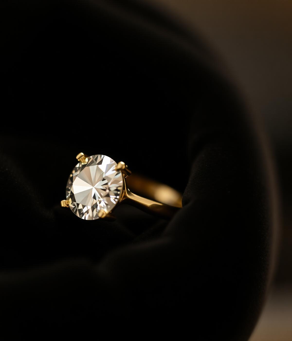 Bespoke diamond engagement ring on black velvet with warm gold lighting, Treasure Diamonds Hatton Garden