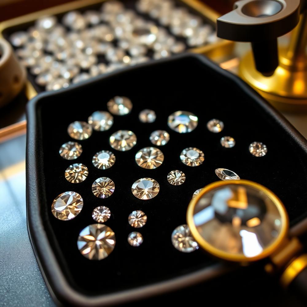 Natural diamond selection tray with jeweller's loupe in Hatton Garden